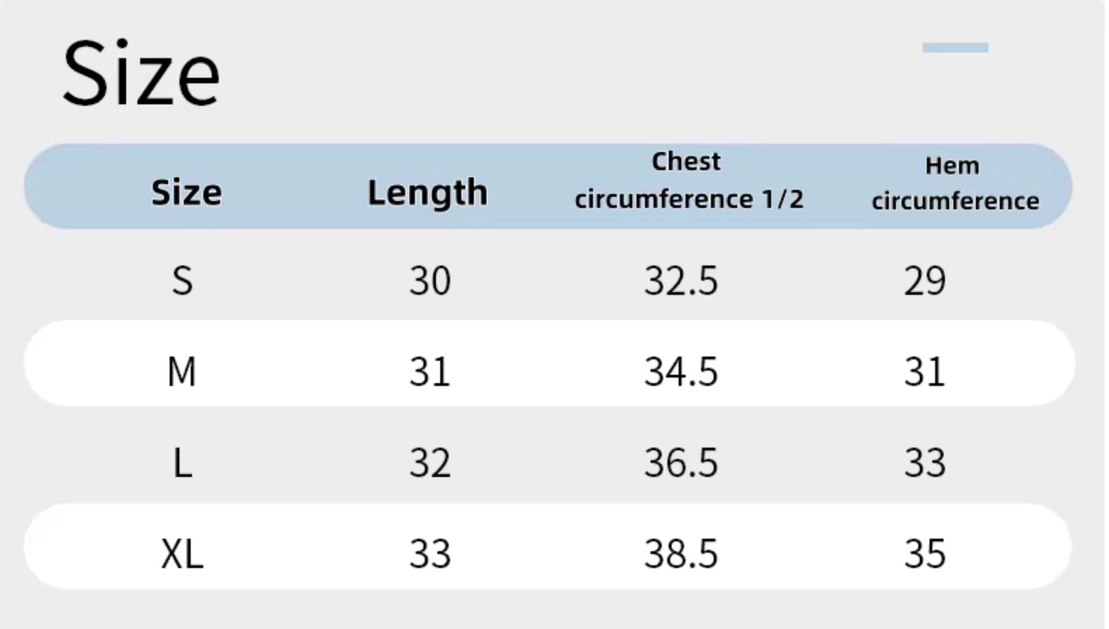 Size chart for Active Bra