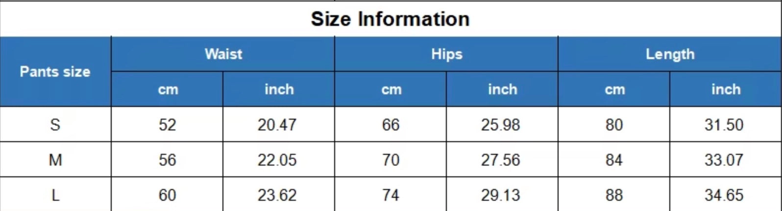 Size chart for Active Leggings