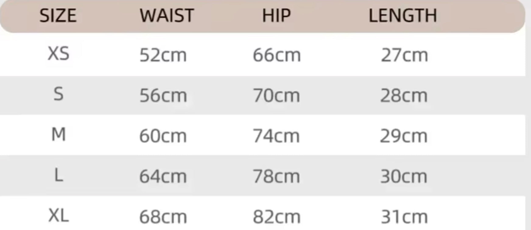 Size chart for Active Shorts