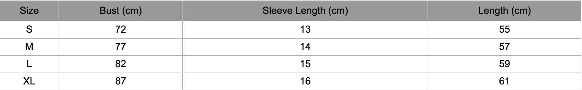 Size chart for Balance Tee