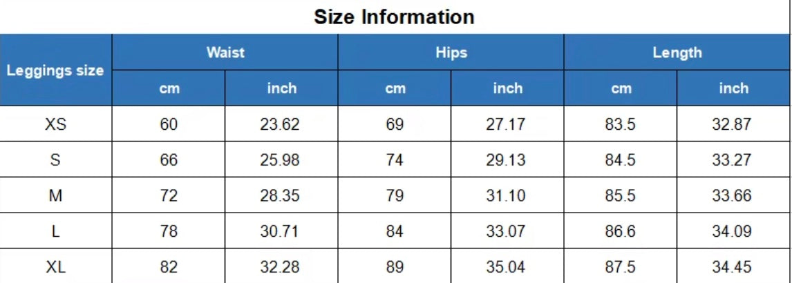 Size chart for Balance Leggings