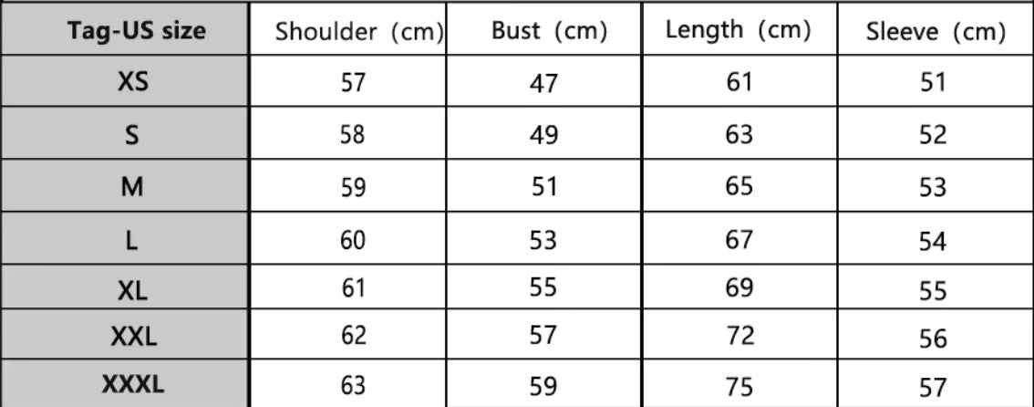 Size chart for Recovery Hoodie